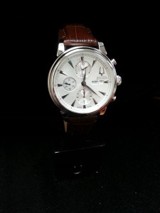 Bulova Mens Watch: Gent's Stainless Steel Bulova Accutron Gemini Valjoux Chronograph Automatic with Silver Dial on Brown Leather Strap.