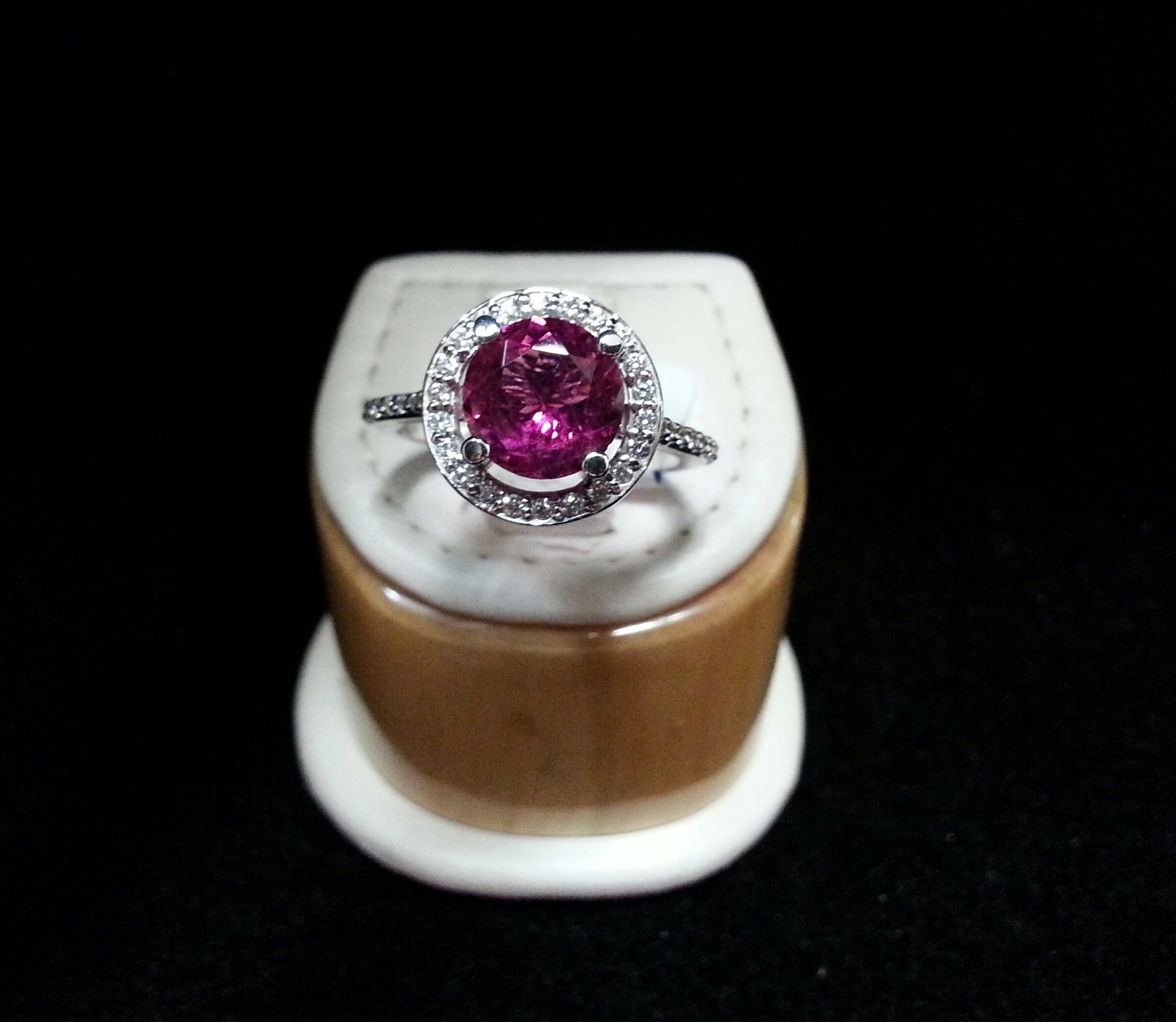 Diamond Halo Style 14k White Gold Mounting with Round Pink Tourmaline in Center. Tourmaline is 1.58ct with 0.26ctw of Diamonds.